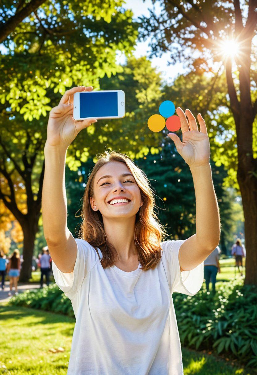 A joyful person holding a smartphone displaying a vibrant photo, surrounded by a collage of colorful, heartwarming snapshots floating in the air. The background features a soft, sunlit park with smiling friends and family. The scene conveys the magic of sharing memories and smiles through photographs. Bright and cheerful colors. super-realistic.