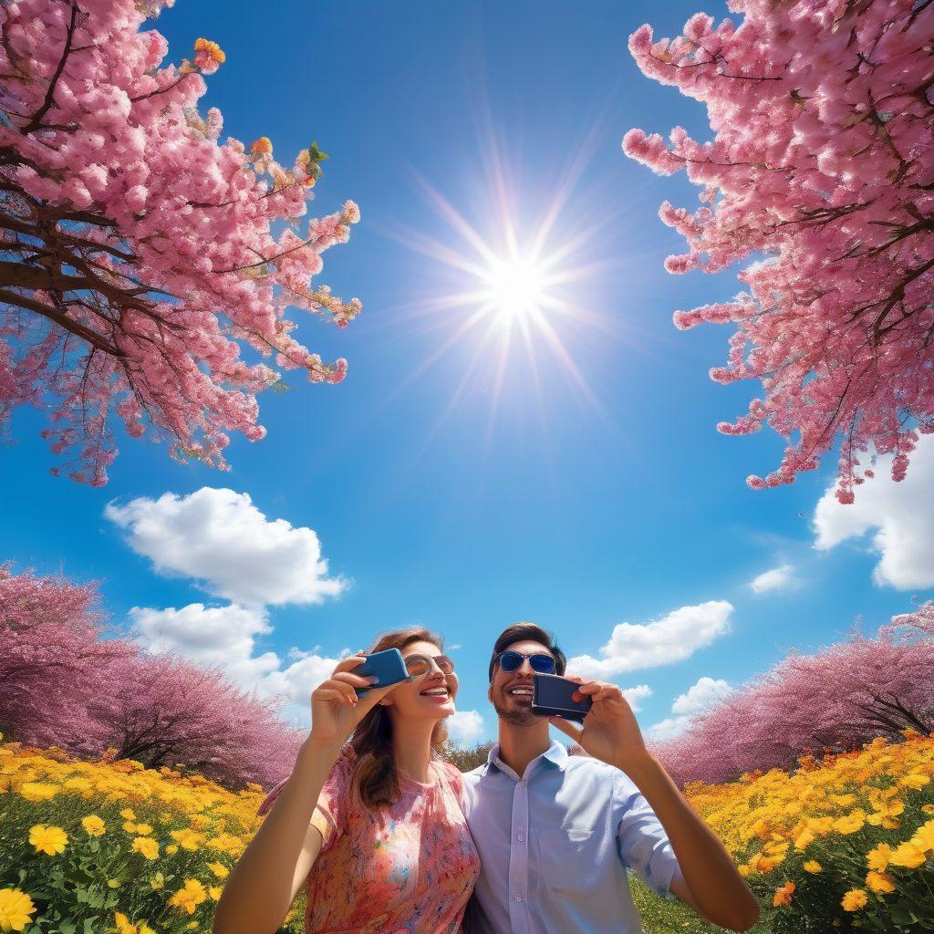 A vibrant scene showcasing diverse individuals capturing joyful moments with cameras and smartphones in a sunlit park, surrounded by blooming flowers and laughter. Include a beautiful blue sky with fluffy clouds, artistic visual elements like colorful filters or effects to emphasize happiness and creativity. super-realistic. vibrant colors. white background.