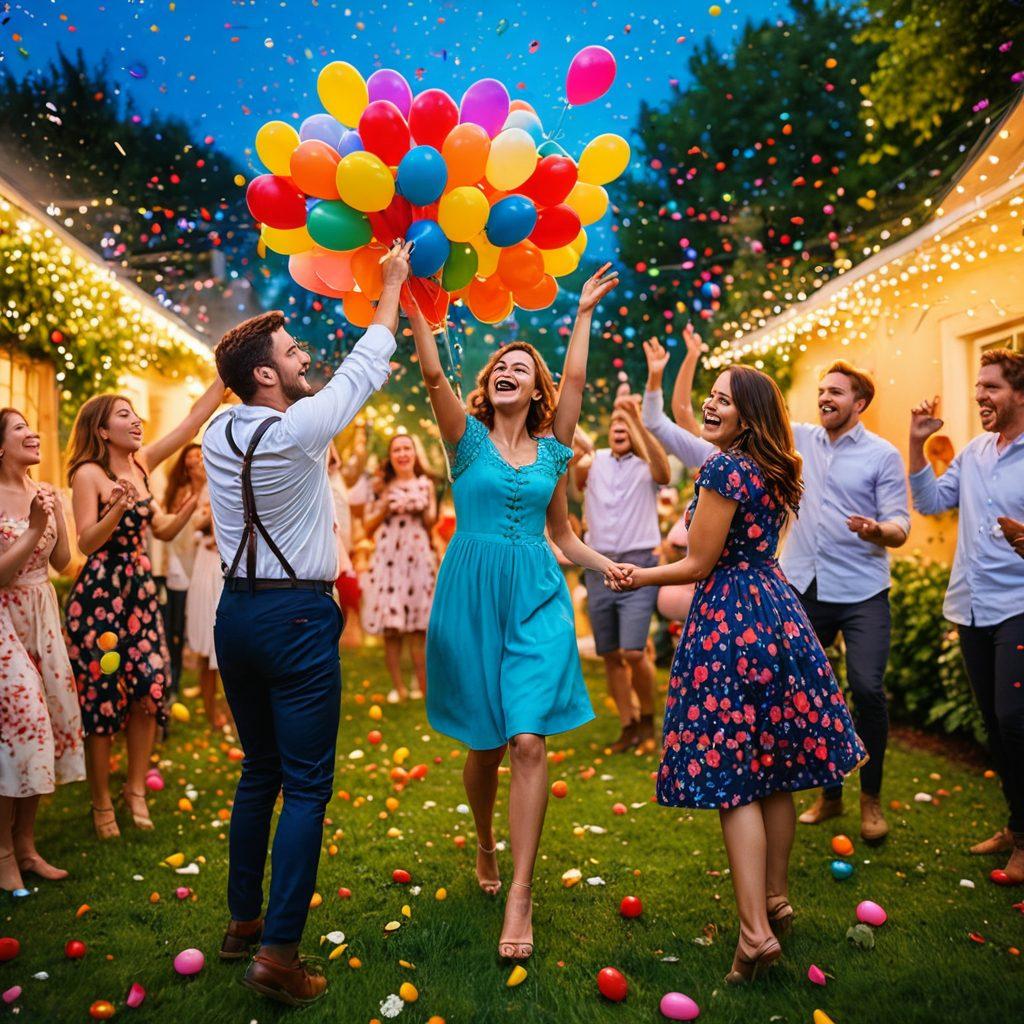 A whimsical scene depicting a diverse group of people joyfully celebrating under a sky filled with vibrant balloons and confetti, surrounded by a lush garden bursting with colorful flowers. Include elements of laughter and camaraderie, with sparkling lights that enhance the festive atmosphere, capturing the essence of life's blissful moments. super-realistic. vibrant colors. soft bokeh background.